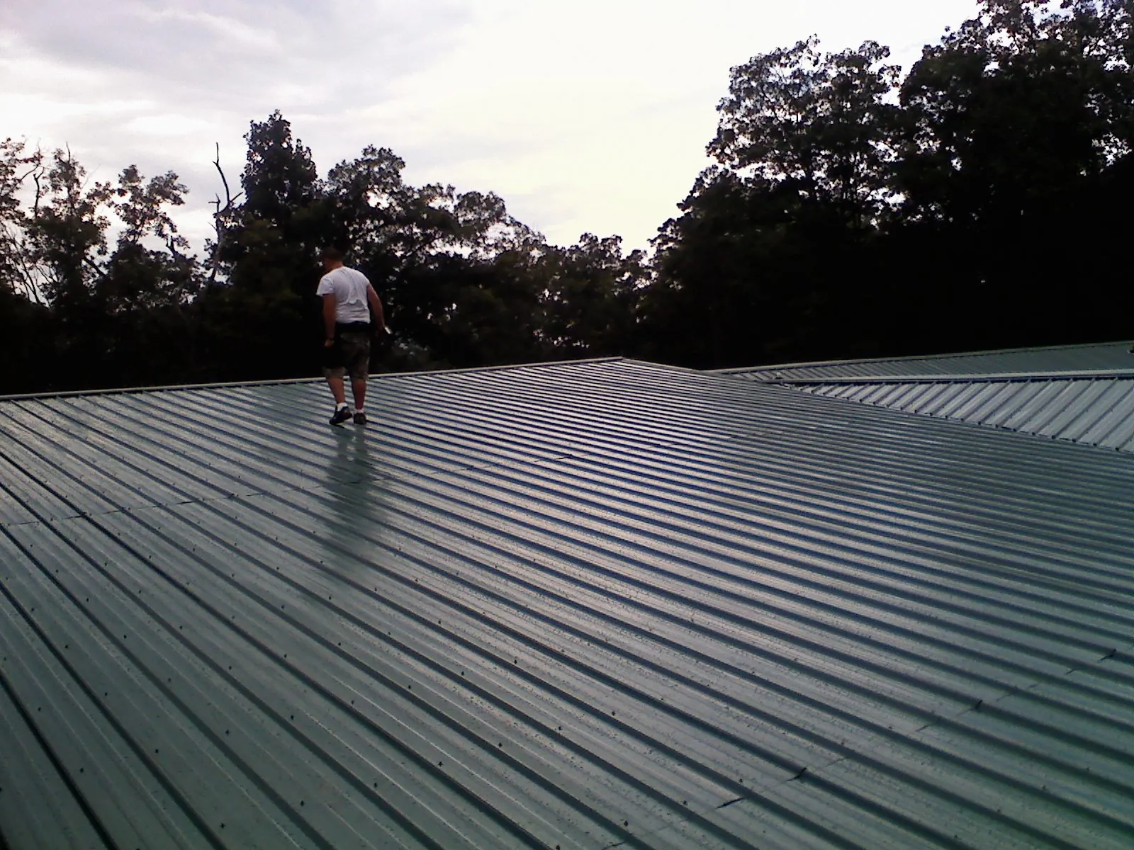 Roofer walking a wide expanse of new green metal roofing in Casco